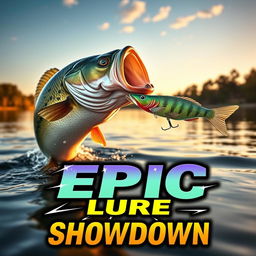 A visually striking thumbnail displaying a sizable, realistic bass fish emerging dramatically from the water, aiming toward a conspicuously designed Jitterbug lure