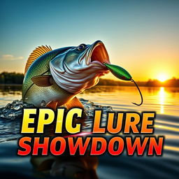 A visually striking thumbnail displaying a sizable, realistic bass fish emerging dramatically from the water, aiming toward a conspicuously designed Jitterbug lure