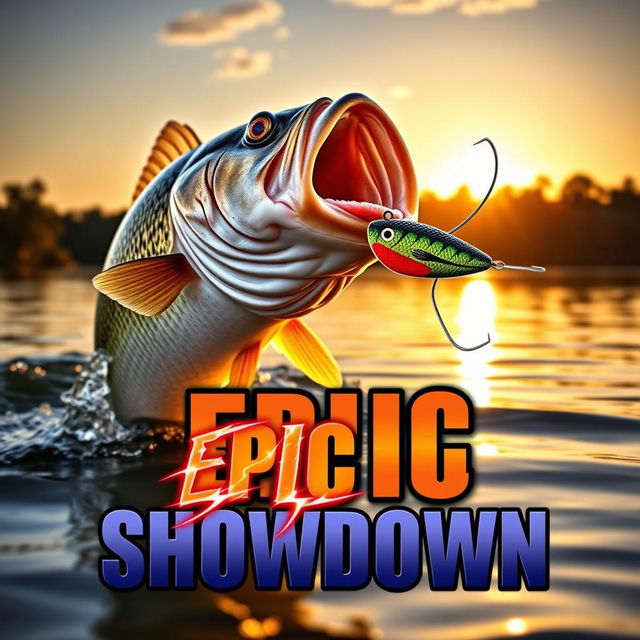 A visually striking thumbnail displaying a sizable, realistic bass fish emerging dramatically from the water, aiming toward a conspicuously designed Jitterbug lure