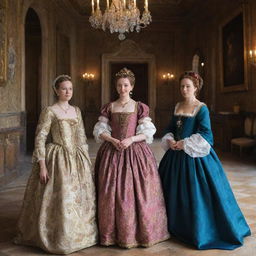 Portia and her friend Nerissa from Shakespeare's 'Merchant of Venice', dressed in traditional Elizabethan costumes and conversing in a beautifully decorated Renaissance room.