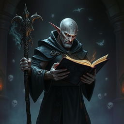 A formidable male drow mage, his bald head adorned with intricate tattoos that reflect his mastery of demoniac and necromantic magic