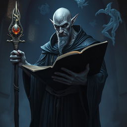 A formidable male drow mage, his bald head adorned with intricate tattoos that reflect his mastery of demoniac and necromantic magic