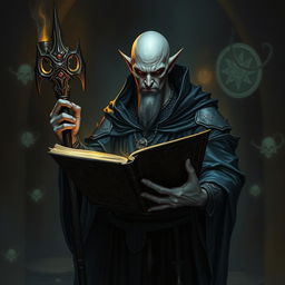 A formidable male drow mage, his bald head adorned with intricate tattoos that reflect his mastery of demoniac and necromantic magic