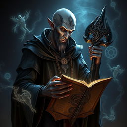 A formidable male drow mage, his bald head adorned with intricate tattoos that reflect his mastery of demoniac and necromantic magic