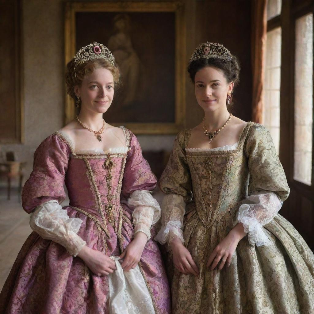 Portia and her friend Nerissa from Shakespeare's 'Merchant of Venice', dressed in traditional Elizabethan costumes and conversing in a beautifully decorated Renaissance room.