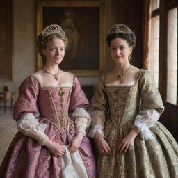 Portia and her friend Nerissa from Shakespeare's 'Merchant of Venice', dressed in traditional Elizabethan costumes and conversing in a beautifully decorated Renaissance room.