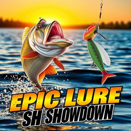 A captivating thumbnail featuring a large, realistic bass fish leaping energetically from the shimmering water, eyeing a vividly colored Jitterbug lure