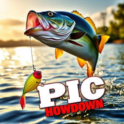 A captivating thumbnail featuring a large, realistic bass fish leaping energetically from the shimmering water, eyeing a vividly colored Jitterbug lure