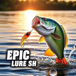 A captivating thumbnail featuring a large, realistic bass fish leaping energetically from the shimmering water, eyeing a vividly colored Jitterbug lure