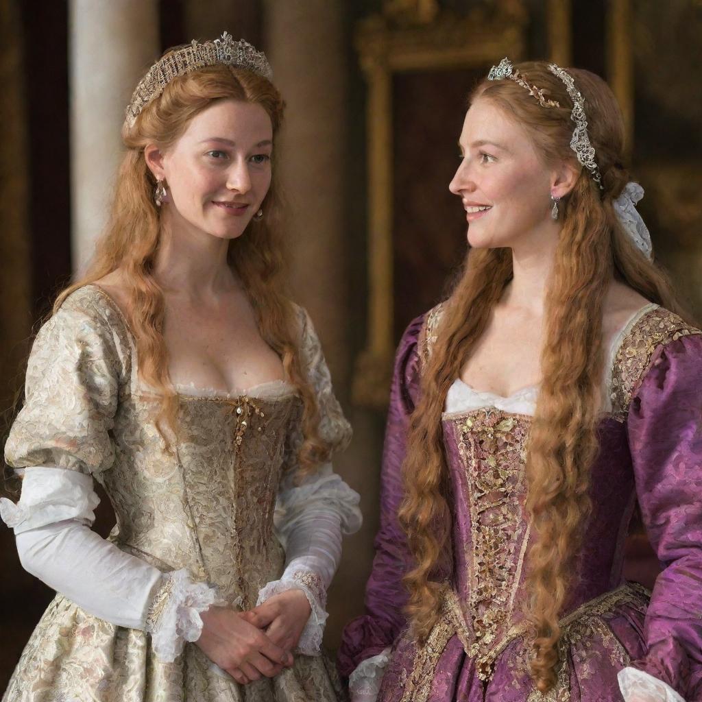 Portia from Shakespeare's 'Merchant of Venice', dressed in traditional Elizabethan attire, with her long, flowing golden hair. She is in a conversation with her friend Nerissa in a lush Renaissance room.