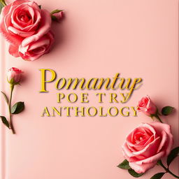 a romantic poetry anthology cover with golden letters and roses positioned at the corners, conveying a strong sense of love and romance