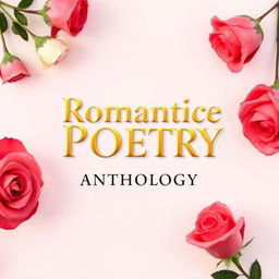 a romantic poetry anthology cover with golden letters and roses positioned at the corners, conveying a strong sense of love and romance