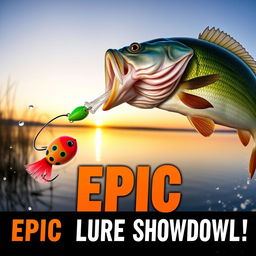 A dynamic thumbnail showcasing a large, striking bass fish in mid-leap towards a brightly colored Jitterbug lure