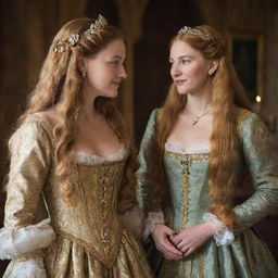 Portia from Shakespeare's 'Merchant of Venice', dressed in traditional Elizabethan attire, with her long, flowing golden hair. She is in a conversation with her friend Nerissa in a lush Renaissance room.