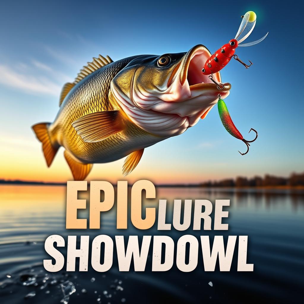 A dynamic thumbnail showcasing a large, striking bass fish in mid-leap towards a brightly colored Jitterbug lure