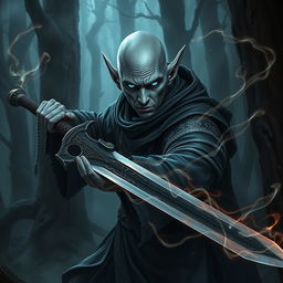 A bald elf necromancer with gray skin wielding a menacing sword