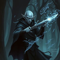 A bald elf necromancer with gray skin wielding a menacing sword