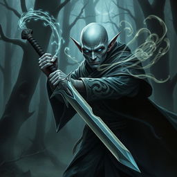 A bald elf necromancer with gray skin wielding a menacing sword