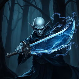 A bald elf necromancer with gray skin wielding a menacing sword