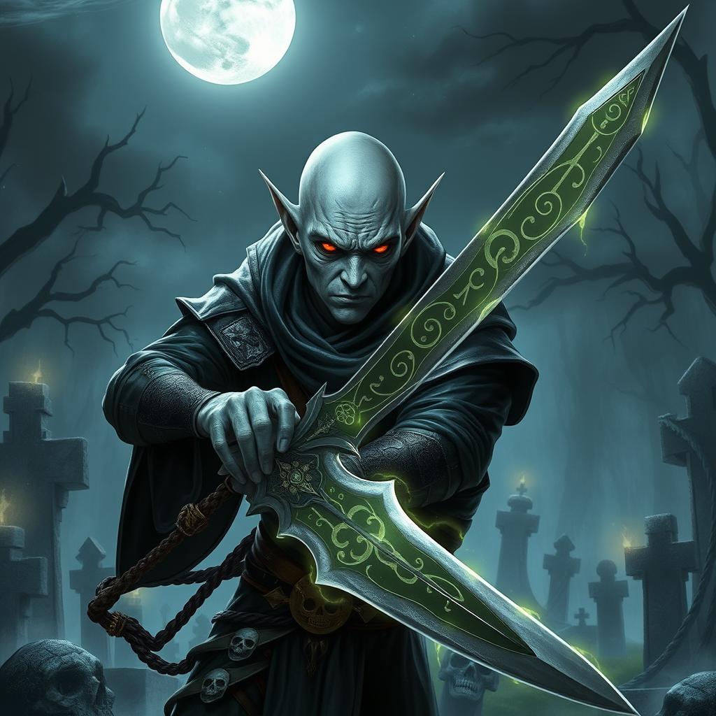 A bald elf necromancer with gray skin wielding a formidable sword