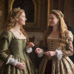 Portia from Shakespeare's 'Merchant of Venice', dressed in traditional Elizabethan attire, with her long, flowing golden hair. She is in a conversation with her friend Nerissa in a lush Renaissance room.