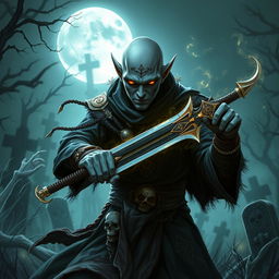 A bald elf necromancer with gray skin wielding a formidable sword