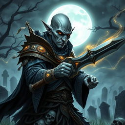 A bald elf necromancer with gray skin wielding a formidable sword