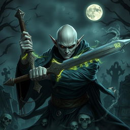 A bald elf necromancer with gray skin wielding a formidable sword