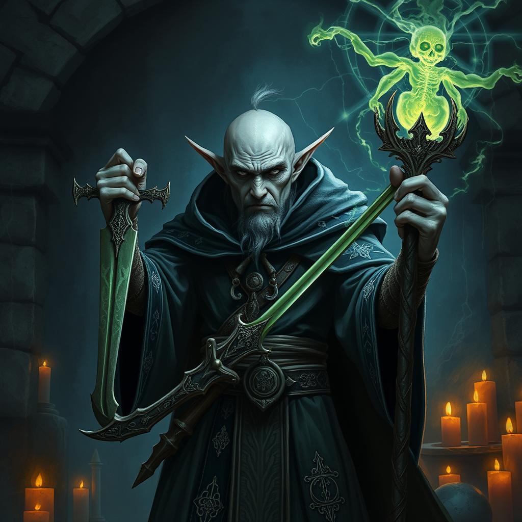 A bald elf necromancer with gray skin, wielding an ancient, enchanted sword and a powerful staff brimming with necrotic magic