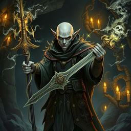 A bald elf necromancer with gray skin, wielding an ancient, enchanted sword and a powerful staff brimming with necrotic magic