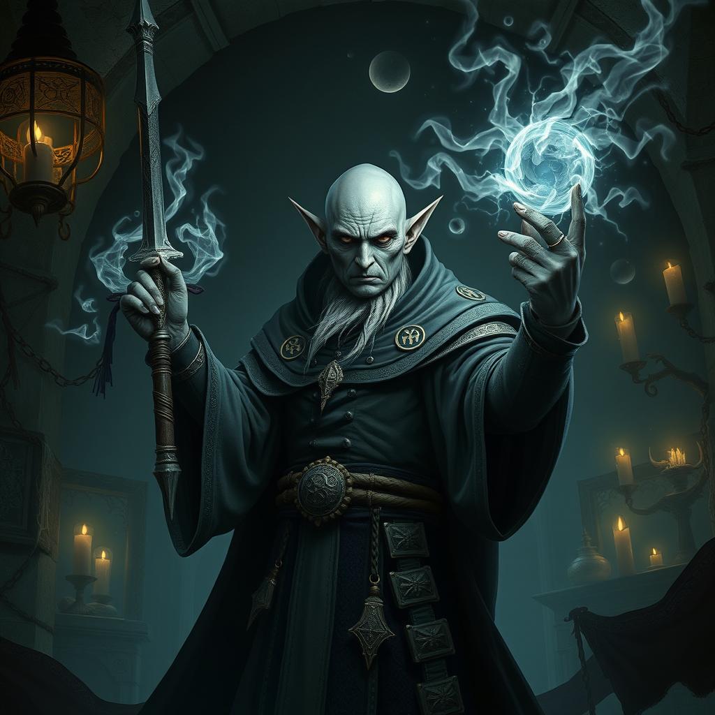 A bald elf necromancer with gray skin, wielding an ancient, enchanted sword and a powerful staff brimming with necrotic magic