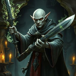 A bald elf necromancer with gray skin, wielding an ancient, enchanted sword and a powerful staff brimming with necrotic magic