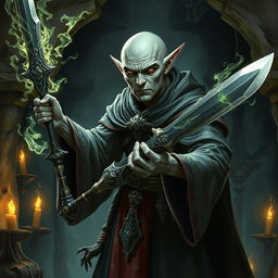 A bald elf necromancer with gray skin, wielding an ancient, enchanted sword and a powerful staff brimming with necrotic magic