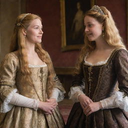 Portia from Shakespeare's 'Merchant of Venice', dressed in traditional Elizabethan attire, with her long, flowing golden hair. She is in a conversation with her friend Nerissa in a lush Renaissance room.