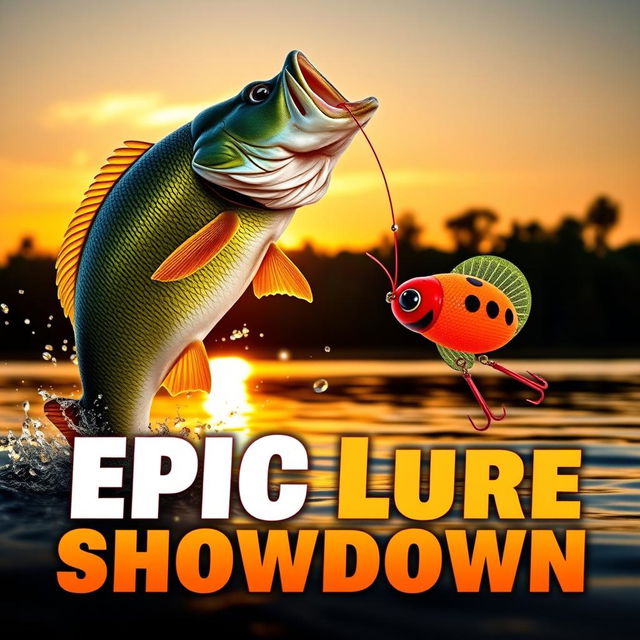 A vibrant and energetic thumbnail capturing a large, lifelike bass fish leaping out of the water towards a brightly colored Jitterbug lure