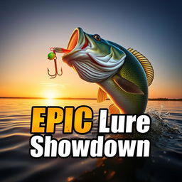 A vibrant and energetic thumbnail capturing a large, lifelike bass fish leaping out of the water towards a brightly colored Jitterbug lure