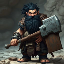 A robust dwarf of the barbarian class, featuring bushy black hair and a thick, intricately braided beard that speaks of his warrior heritage