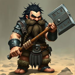 A robust dwarf of the barbarian class, featuring bushy black hair and a thick, intricately braided beard that speaks of his warrior heritage