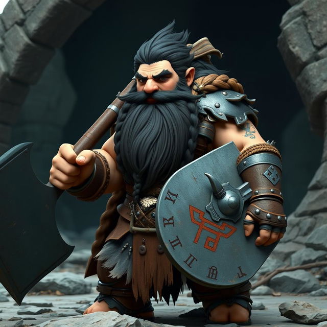 A robust dwarf of the barbarian class, featuring bushy black hair and a thick, intricately braided beard that speaks of his warrior heritage