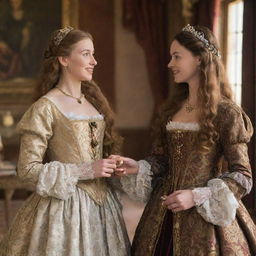 Portia from Shakespeare's 'Merchant of Venice' with long, flowing golden hair and her friend Nerissa with brown hair. Both are dressed in traditional Elizabethan attire, having a conversation in a beautifully decorated Renaissance room.