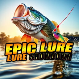 An enthralling thumbnail depicting a large, detailed bass fish bursting from the water in pursuit of a colorful Jitterbug lure