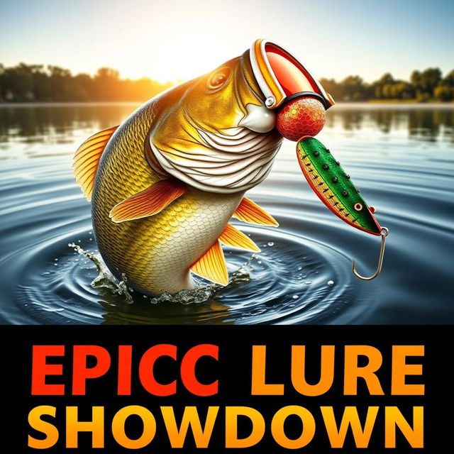 An enthralling thumbnail depicting a large, detailed bass fish bursting from the water in pursuit of a colorful Jitterbug lure