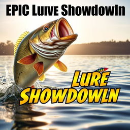 An enthralling thumbnail depicting a large, detailed bass fish bursting from the water in pursuit of a colorful Jitterbug lure