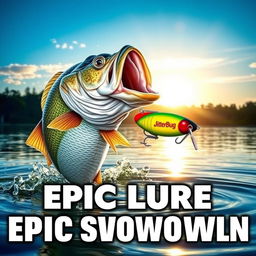 An enthralling thumbnail depicting a large, detailed bass fish bursting from the water in pursuit of a colorful Jitterbug lure