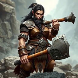 A formidable dwarf woman of the barbarian class, with striking black hair and a well-groomed beard that highlights her uniqueness and strength