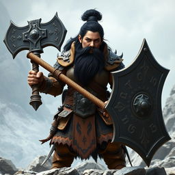 A formidable dwarf woman of the barbarian class, with striking black hair and a well-groomed beard that highlights her uniqueness and strength