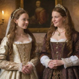 Portia from Shakespeare's 'Merchant of Venice' with long, flowing golden hair and her friend Nerissa with brown hair. Both are dressed in traditional Elizabethan attire, having a conversation in a beautifully decorated Renaissance room.