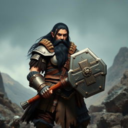 A formidable dwarf woman of the barbarian class, with striking black hair and a well-groomed beard that highlights her uniqueness and strength