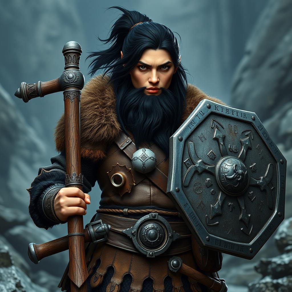 A formidable dwarf woman of the barbarian class, with striking black hair and a well-groomed beard that highlights her uniqueness and strength