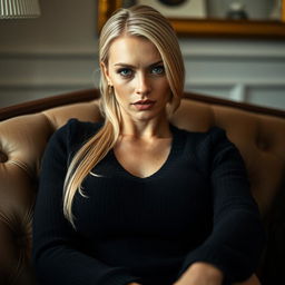 A cozy, intimate portrait of a thin blonde dominatrix with large breasts, seated on a luxurious sofa